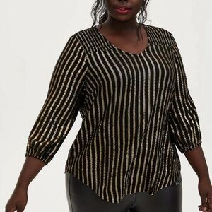 Torrid Black and Gold Striped V-Neck Blouse - Size: 2